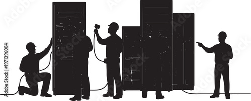 Black Solid Database Engineer Server Rack Silhouettes Set of Six on White Background