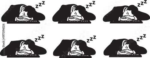 Black Solid Dedicated Entrepreneur Sleeping Keyboard Silhouettes Set of Six on White Background