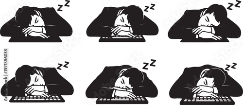 Black Solid Dedicated Entrepreneur Sleeping Keyboard Silhouettes Set of Six on White Background