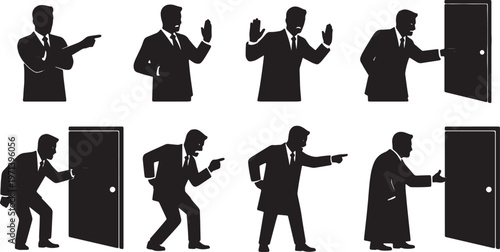 Black Solid Demanding Boss Pointing Exit Silhouettes Set of Six on White Background