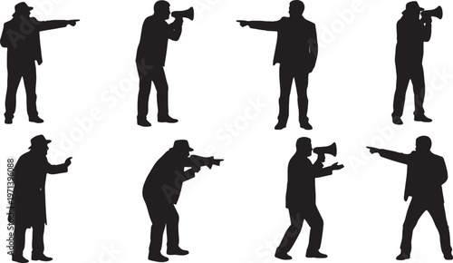Black Solid Demanding Director Snapping Fingers Silhouettes Set of Six on White Background