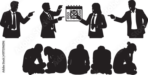 Black Solid Demanding Manager Pointing Calendar Silhouettes Set of Six on White Background