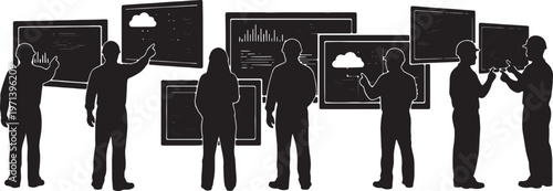 Black Solid Devops Engineer Monitoring Cloud Infrastructure Silhouettes Set of Six on White Background