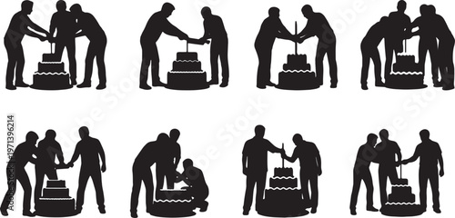 Black Solid Development Team Slicing Cake Silhouettes Set of Six on White Background