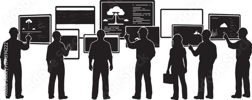 Black Solid Devops Engineer Monitoring Cloud Infrastructure Silhouettes Set of Six on White Background