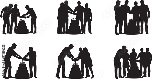 Black Solid Development Team Slicing Cake Silhouettes Set of Six on White Background