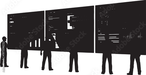 Black Solid Devops Engineer Monitoring Cloud Infrastructure Silhouettes Set of Six on White Background