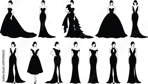 Elegant black evening gown fashion illustration collection featuring twelve female models in couture dresses, isolated vector silhouettes on white background