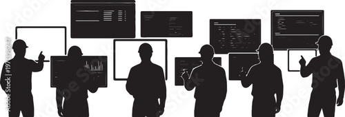 Black Solid Devops Engineer Monitoring Cloud Infrastructure Silhouettes Set of Six on White Background