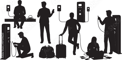 Black Solid Digital Nomad Airport Charging Station Silhouettes Set of Six on White Background