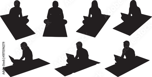 Black Solid Digital Nomad Beach Towel Laptop Silhouettes Set of Six on White Background