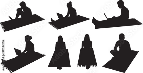 Black Solid Digital Nomad Beach Towel Laptop Silhouettes Set of Six on White Background