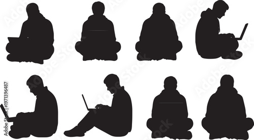 Black Solid Digital Nomad Hotel Lobby Laptop Silhouettes Set of Six on White Background