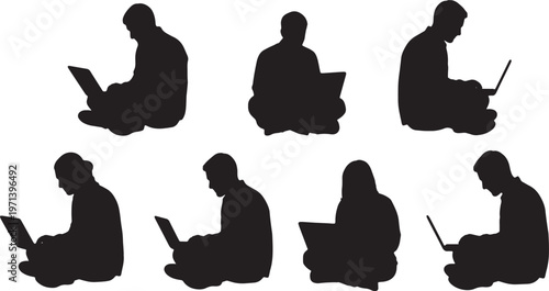 Black Solid Digital Nomad Hotel Lobby Laptop Silhouettes Set of Six on White Background