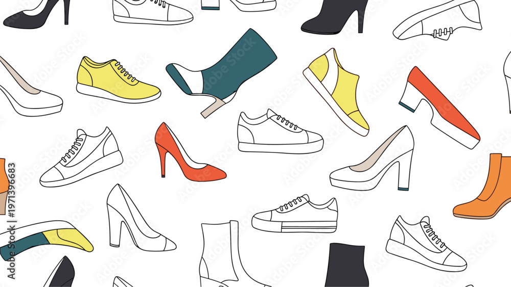 Obraz premium Fashionable pattern of diverse shoes and boots in vibrant colors like orange, yellow, and teal on a white background.