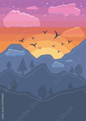 Mountain Landscape Sunset with Flying Birds