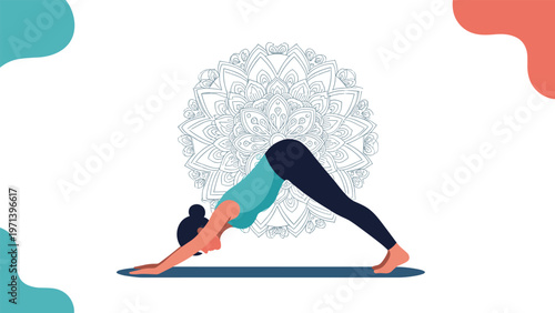 Woman practicing yoga in a downward facing dog pose with a large intricate mandala background for meditation and wellness.