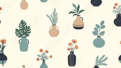 Seamless pattern of diverse potted plants and flowers in stylized vases with a soft and modern color scheme.