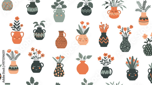 Vibrant pattern of various green plants in decorative and patterned pots on a clean white background.