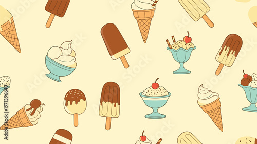 Delightful seamless pattern filled with various ice cream treats including cones, bowls, and chocolate covered popsicles.