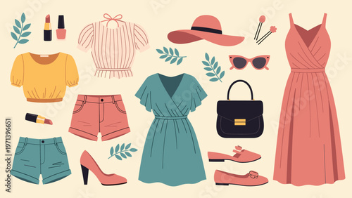 Collection of women s fashion items including dresses, tops, shorts, shoes, a hat, and makeup accessories.