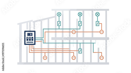 House Electrical Wiring Plan Vector Illustration - Electrical Installation Layout for Residential Building Construction and Renovation