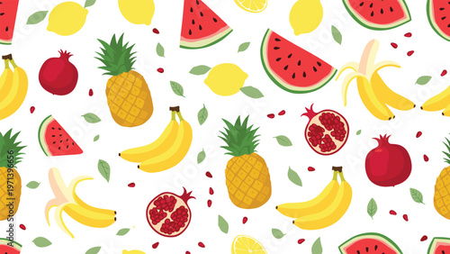 Colorful fruit pattern featuring slices of watermelon, whole pineapples, bananas, and pomegranates on a white background.