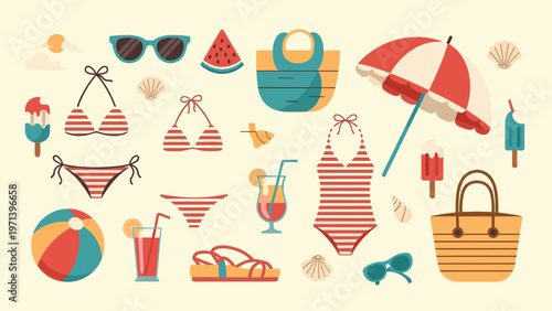 Summer vacation and beach travel set featuring swimwear, sun accessories, cocktails, and fruit snacks on a light background.