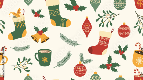 Festive Christmas pattern with holiday stockings, ornaments, holly berries, and hot cocoa mugs on a cream background.