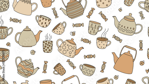 Whimsical tea time pattern featuring patterned teapots, mugs, and small candies on a clean white background.