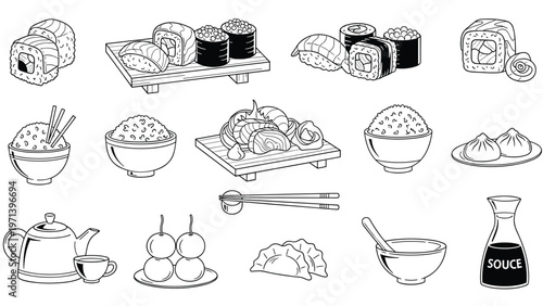 Extensive collection of Japanese food line icons featuring sushi, ramen, dumplings, tea, and traditional side dishes.