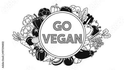 Go vegan text is centered within a circular arrangement of various vegetable illustrations like broccoli, carrots, and bell peppers.