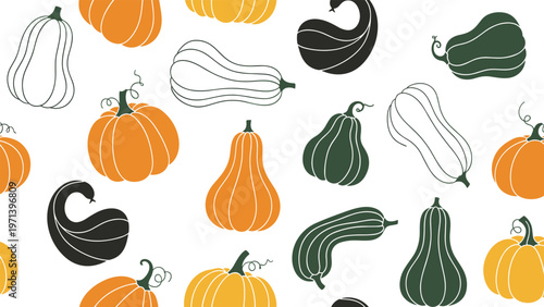 Autumn harvest pattern features an assortment of pumpkins and squashes in various shapes, sizes, and colors like orange, green, and white.