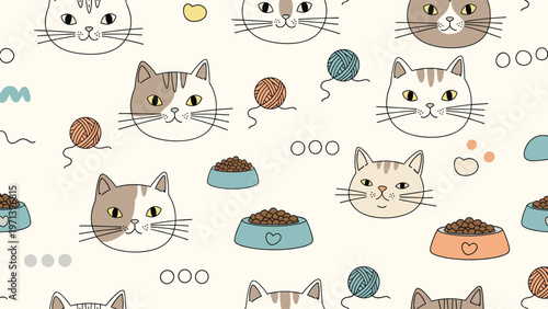 Adorable cat faces with different markings are paired with yarn balls and food bowls in a charming seamless pattern for pet lovers.