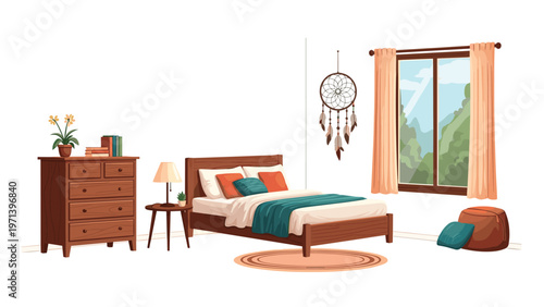 Peaceful bedroom interior illustration features a comfortable bed, dresser, houseplant, and a dreamcatcher hanging near a large window.