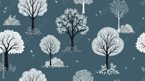 Serene woodland scene with various types of trees and bushes in muted grey and blue tones creates a calm forest pattern on a dark base.