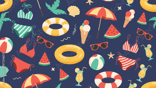Fun summer beach pattern includes colorful illustrations of bikinis, swim rings, sunglasses, ice cream, and refreshing fruit slices.