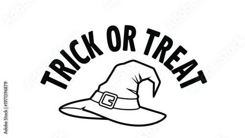 Classic trick or treat message for halloween is presented with a simple line art illustration of a witch hat on a clean white background.