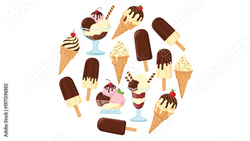 Circular arrangement of various ice cream treats including cones, popsicles, and sundaes with cherries and chocolate toppings on top.