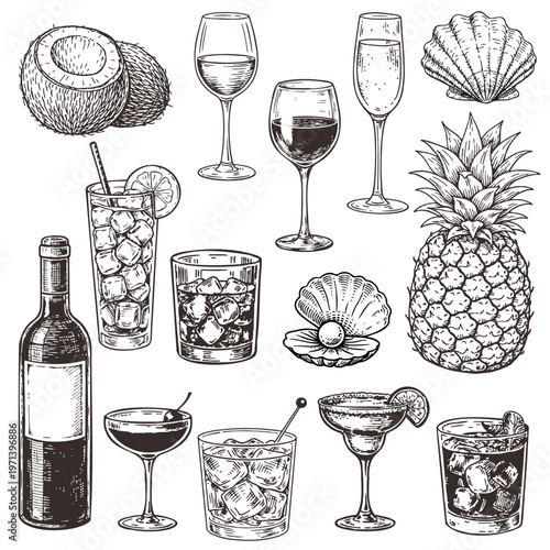 Wine glasses, cocktails and tropical fruits set, hand drawn summer drinks with coconut, pineapple and shells, vintage engraving vector
