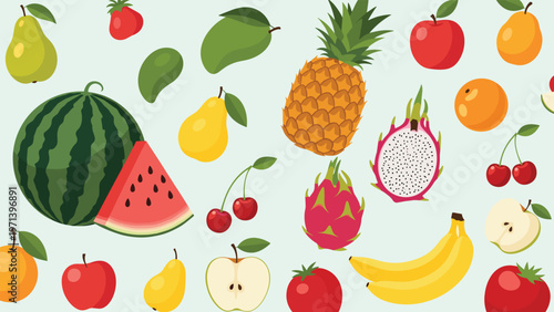 Colorful assortment of whole and sliced fruits like watermelon, pineapple, dragon fruit, and cherries on a refreshing light blue background.