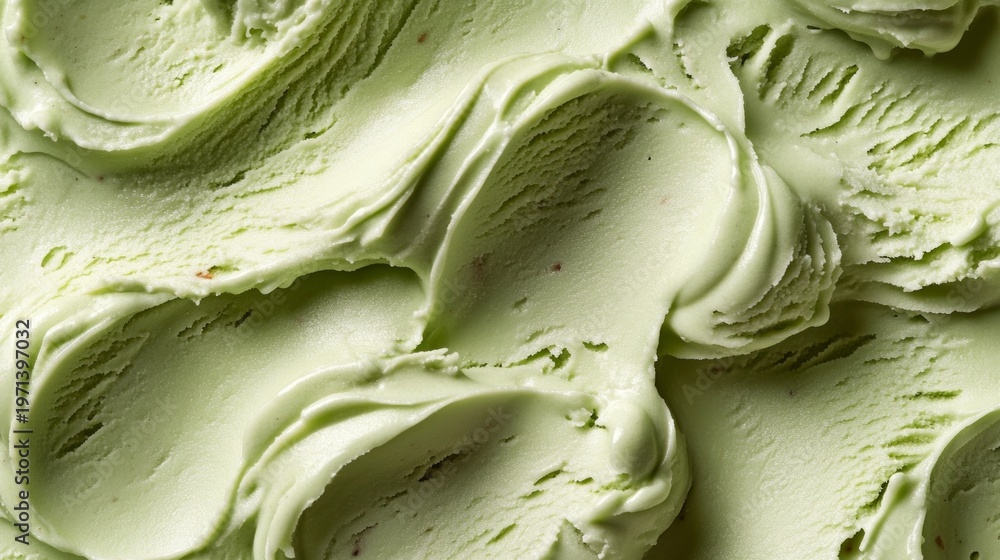 Obraz premium Gentle swathes of pale green ice cream with creamy swirls fill the frame, creating an atmospheric backdrop for dessert arrangements.