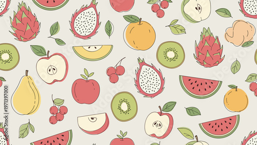 Refreshing seamless pattern of various colorful fruits and slices including watermelon kiwi apple and exotic dragon fruit.
