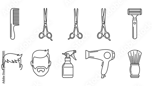 Professional hairdressing and barber shop icons set featuring scissors combs razor and hair dryer in black line art style.