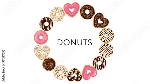 Charming circular arrangement of heart and round shaped donuts with various toppings and the centered word donuts.