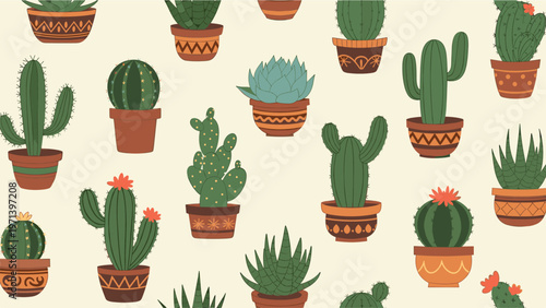 Charming seamless pattern of diverse cacti and succulents planted in decorated brown and colorful ceramic pots on a light cream background for decor.