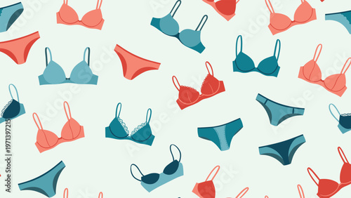 Lingerie seamless pattern featuring an assortment of colorful bras and panties in various styles on a clean light blue background for fashion design.
