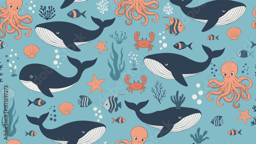 Ocean life seamless pattern with cute whales octopuses crabs and various fish swimming among seaweed and shells on a soft blue background for kids.
