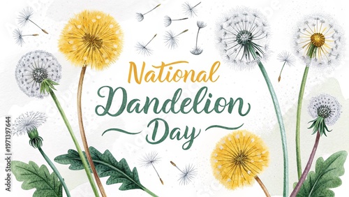 Detailed botanical dandelion illustration showing bloom seed stages on clean background.
