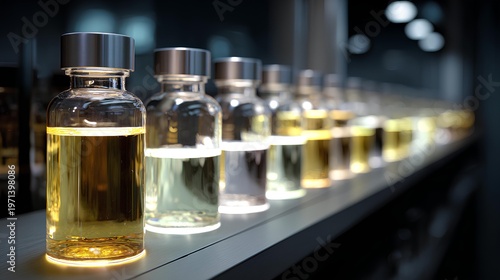 Aromatic Elixirs in Focus: A row of glass vials, each filled with a unique, aromatic liquid, arranged on a shelf. capturing the diversity of scent and the artistry of fragrance creation